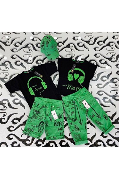 Hilal Akıncı Kids Boy's Headphone Printed Black T-Shirt with Chain Lettering Denim Shorts Hat 2-Piece Set