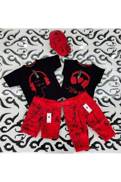 Hilal Akıncı Kids Căști pentru fete, tricou negru imprimat, blugi cu lanț, cu scris, Capri, fără pălărie, set de 2 piese