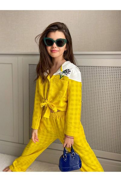 Hilal Akıncı Kids Girl's Pearl Buttoned Embroidery Detailed Tied Front Shirt Checkered Pants Set of 2
