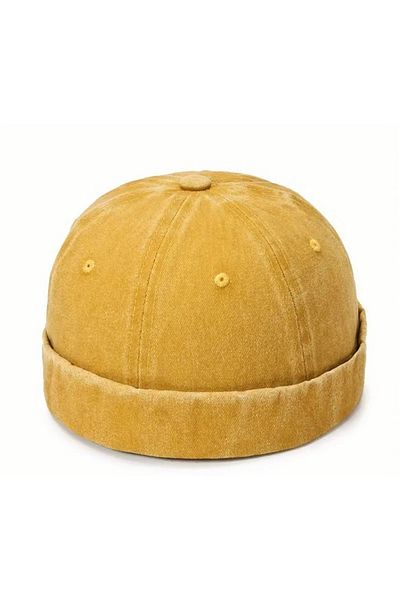 CosmoOutlet Solid Color Washed Distressed Fabric 100% Cotton Adjustable Hip Hop Yellow Docker Hat from Back