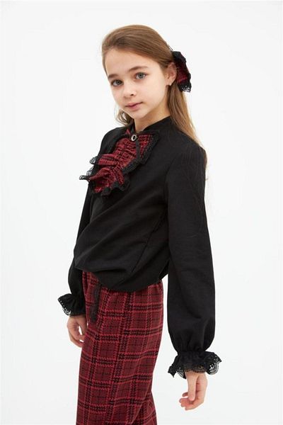 Hilal Akıncı Kids Girl's Piece Detailed Black Blouse Plaid Patterned Trousers Buckle 3-Piece Set