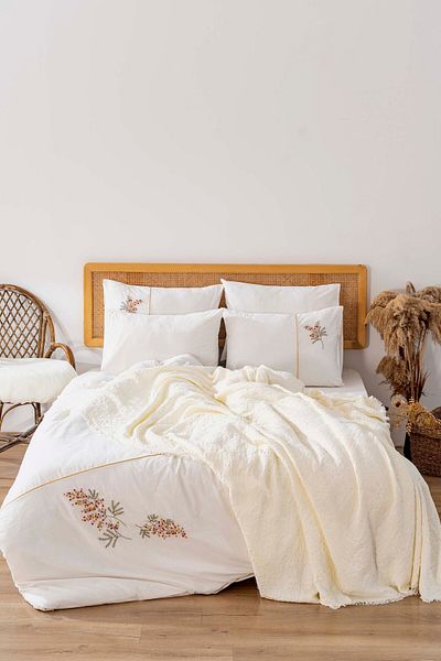 Rivaİstanbul Amber Ecru Embroidered Double Duvet Cover Pique Set 100% Cotton - 7 Piece Dowry Set