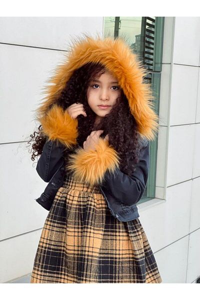 Hilal Akıncı Kids Black Sheepskin Denim Jacket and Red Salopet Skirt for Girl - Lumberjack Fabric 3-Piece Set
