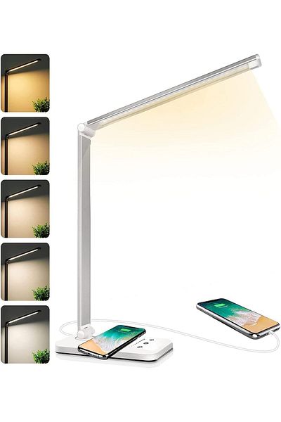 COOYA Portable LED Desk Lamp, With USB Charging, 5 Colour Modes, Adjustable Arm, for Work, Study, White