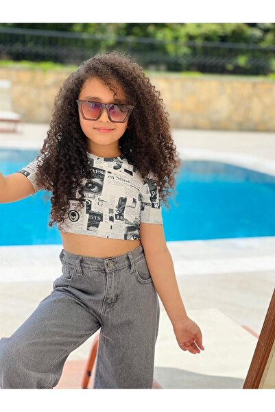 Hilal Akıncı Kids Set de 2 piese pentru fete, cu modele, cu corp crop, cu picioare late, pantaloni din denim gri