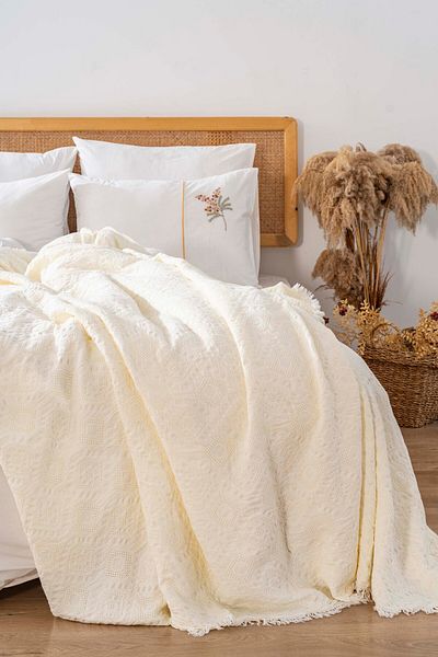 Rivaİstanbul Amber Ecru Embroidered Double Duvet Cover Pique Set 100% Cotton - 7 Piece Dowry Set