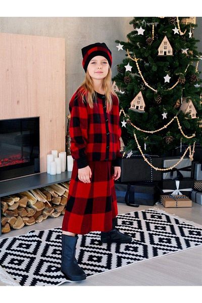 Hilal Akıncı Kids Girl's Checkered Buttoned Cardigan Knitwear Skirt Beret 3-Piece Set