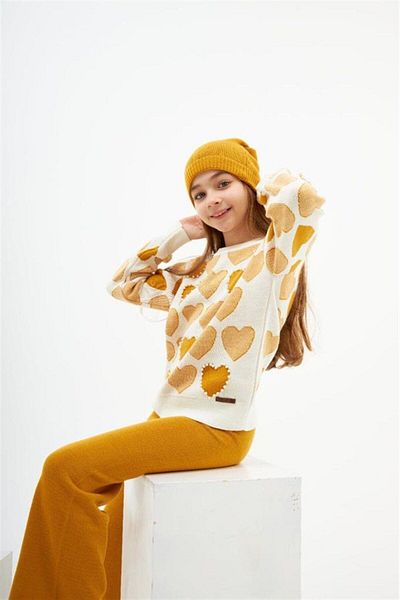 Hilal Akıncı Kids Girl's Heart Model Bead Detailed Sweater Knitwear Trousers Beret 3-Piece Set