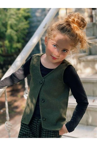 Hilal Akıncı Kids Girl's Stamp Vest Black Badi Houndstooth Model Trousers Triple Set