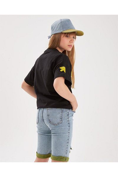 Hilal Akıncı Kids Girl's Suzene Embroidered T-Shirt Ripped Detailed Colorful Belted Denim Shorts