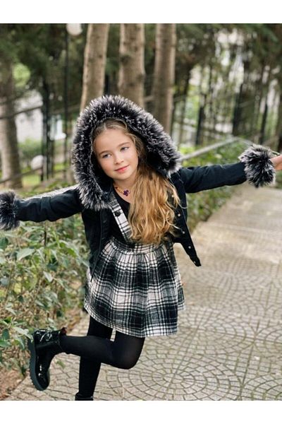 Hilal Akıncı Kids Black Sheepskin Denim Jacket and Red Salopet Skirt for Girl - Lumberjack Fabric 3-Piece Set