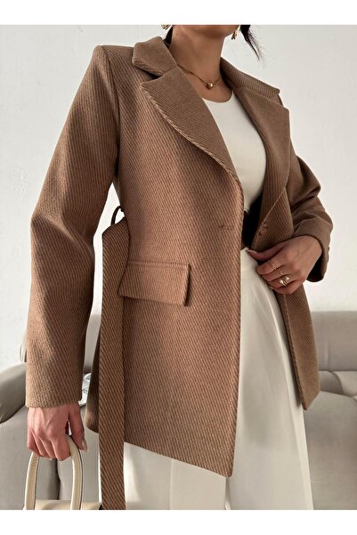 Maldia Shop Women's Double Breasted Collar Belted Stitching Fabric Mink Coat Jacket