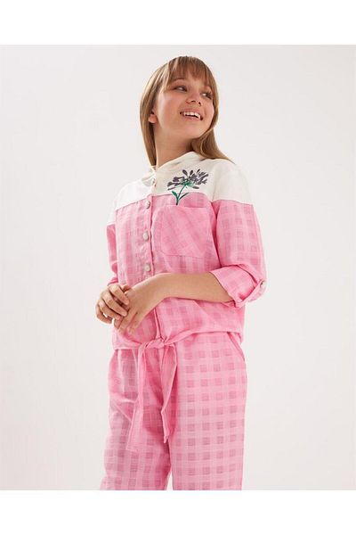 Hilal Akıncı Kids Girl's Pearl Buttoned Embroidery Detailed Tied Front Shirt Checkered Pants Set of 2