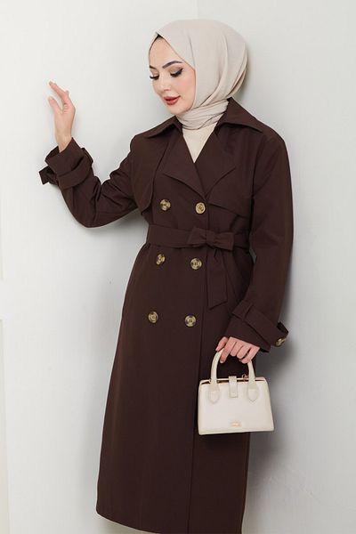 InStyle Lined Bitter Brown Trench Coat with Stone Buckle Detail