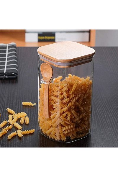 AKDC 1000ml Square Glass Storage Jar with Wooden Lid & Spoon –  [Pack of 3]