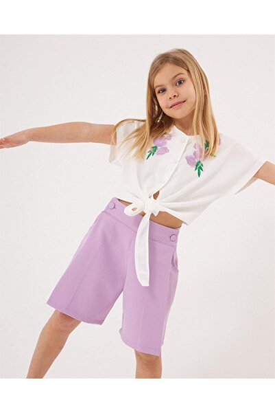 Hilal Akıncı Kids Kız Çocuk Nakış Detaylı Önü Bağlamalı Beyaz Gömlek Cepli Şort 2'li Takım