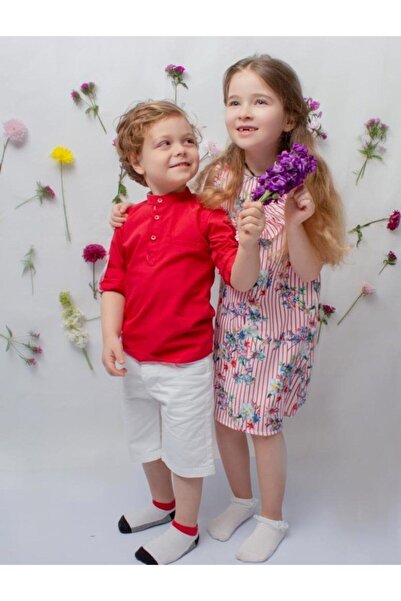 Hilal Akıncı Kids Kız Erkek Kombin Kırmızı Gömlek Kapri 2'li Takım
