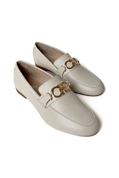 RABU Beige Women's 100% Genuine Leather Gold Buckle Moccasin Flat Flexible Sole Shoes