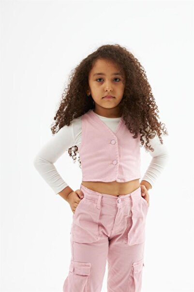 Hilal Akıncı Kids Set de 3 piese pentru fete, vestă din denim, pantaloni albi cu buzunare cargo