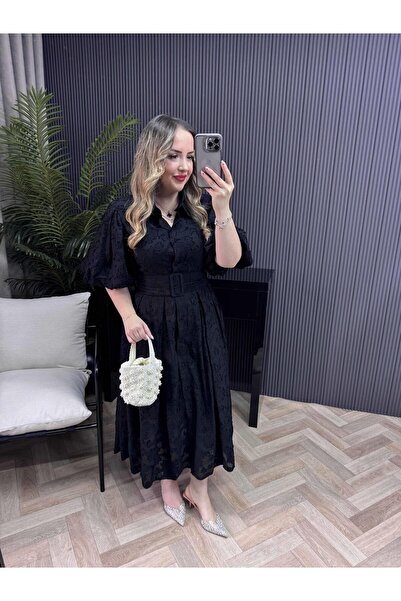 Byelifdursun Jasmine Balon Kol Kuşaklı Tasarım Elbise Siyah