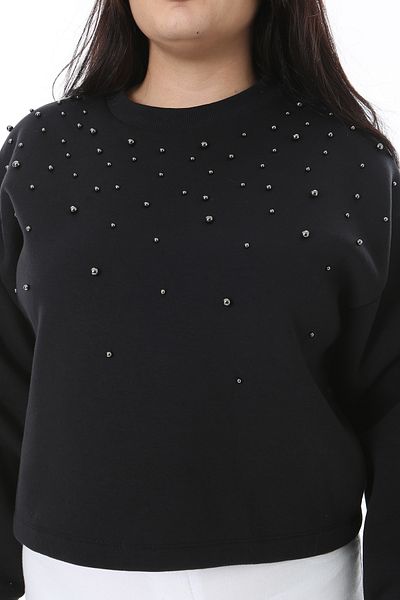 Şans Women's Plus Size Black Stone Detailed Raised Inside Sweatshirt 65N38632