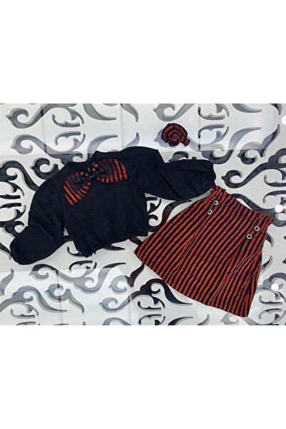 Hilal Akıncı Kids طقم بناتي مكون من 3 قطع، بلوزة سوداء، تنورة مخططة، إبزيم