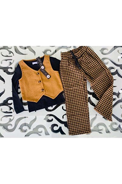 Hilal Akıncı Kids Kız Çocuk Kaşe Yelek Siyah Badi Kazayağı Model Pantolon Üçlü Takım