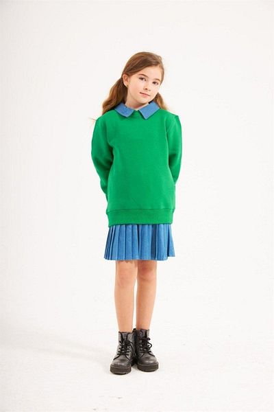 Hilal Akıncı Kids Girl's Jeans Collar Raised Sweatshirt Pleated Denim Skirt Set of 2