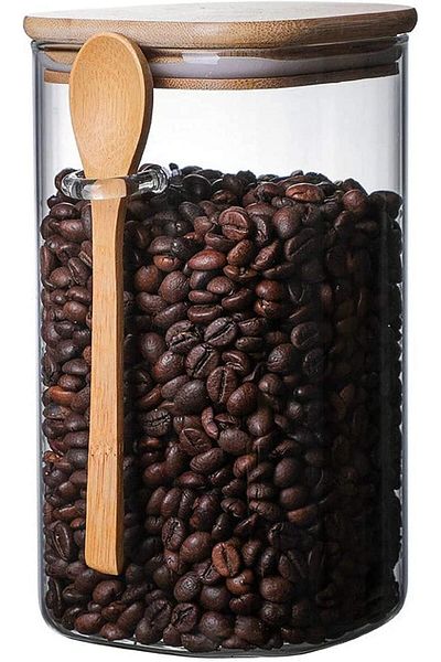 AKDC 800ml Square Glass Jar with Wooden Lid & Spoon – Airtight Borosilicate Canister [1 Piece]