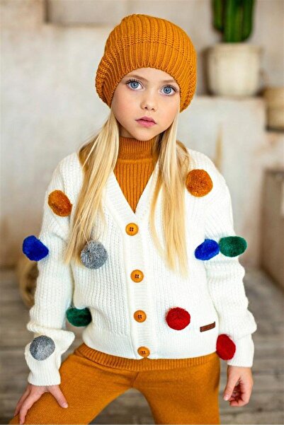 Hilal Akıncı Kids Girl's Pompom White Knitwear Cardigan Sleeveless Inner Badi Knitwear Pants Beret 4-Piece Set