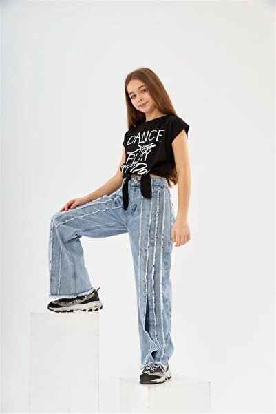 Hilal Akıncı Kids Girl's Dance Lettered Tied Piece Blue Jeans Set of 2
