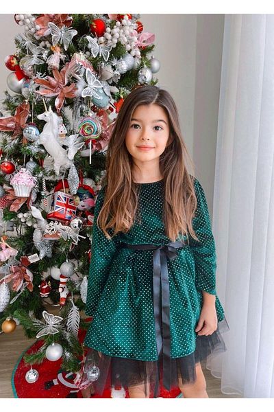 Hilal Akıncı Kids Girl's Glittery Tulle Detailed Green Evening Dress