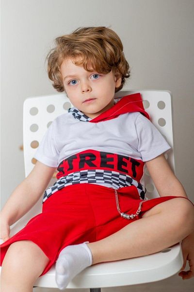 Hilal Akıncı Kids Boy's Red Street Model Short Sleeve Sweatshirt with Chain Shorts Tracksuit Set B-114