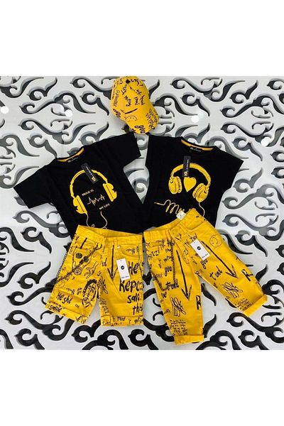Hilal Akıncı Kids Girl's Earmuff Printed Black T-Shirt Chain Written Denim Capri Hatless 2-Piece Set