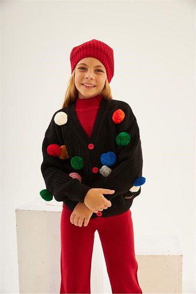 Hilal Akıncı Kids Girl's Black Pompom Knitwear Cardigan Sleeveless Inner Badi Knitwear Pants Beret 4-Piece Set