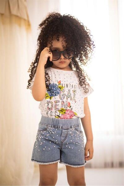 Hilal Akıncı Kids طقم من قطعتين من شورتات الدنيم اللؤلؤية للفتيات من Garden M...