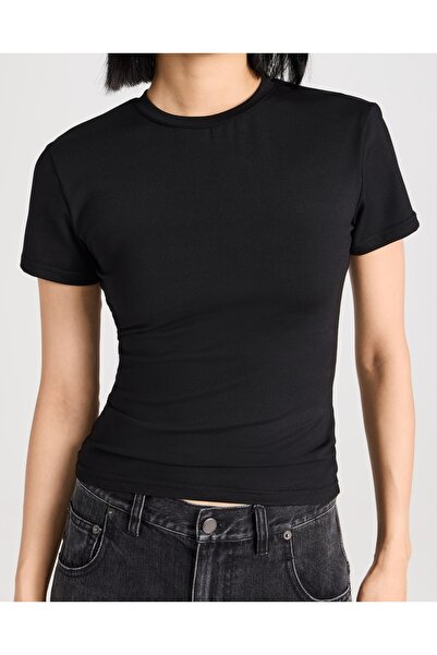 MADAM SHİLA تيشيرت أسود داركاليب ضيق بدون أكمام، ناعم ومضلع، بياقة دائرية