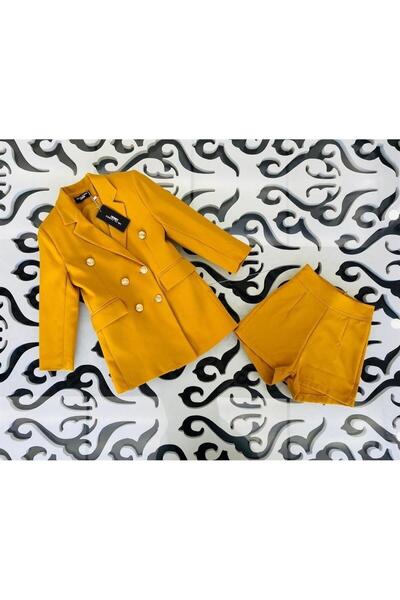 Hilal Akıncı Kids Jachetă pentru fetiță cu nasturi aurii, pantaloni scurți colorați, set de 2 piese