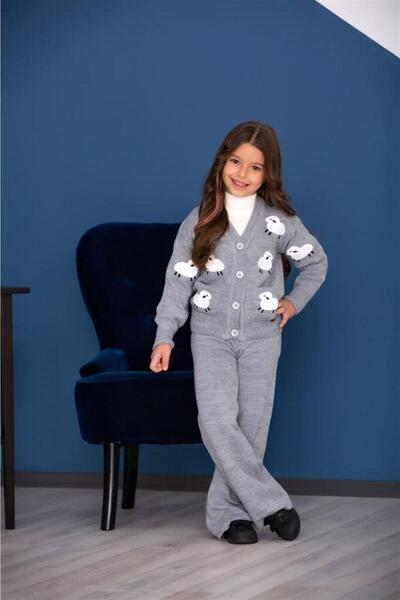 Hilal Akıncı Kids Tricotaj pentru fetiță, brodate de miel, cardigan, tricotaj cu picioare largi, pantaloni