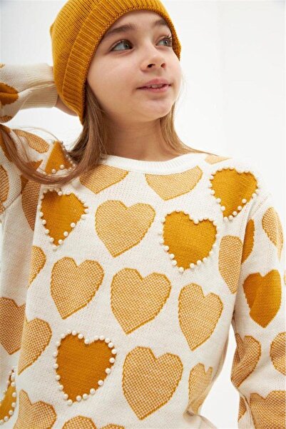 Hilal Akıncı Kids Model de inimă pentru fetiță, cu mărgele, pulover, tricotaje, pantaloni, beretă, set de 3 piese