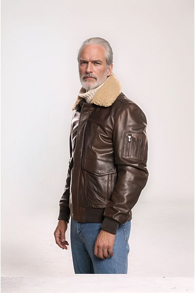 By Marki Marki Men's Genuine Leather Jacket - Brown, Collar, Multi-Pockets, Vintage Design 502722