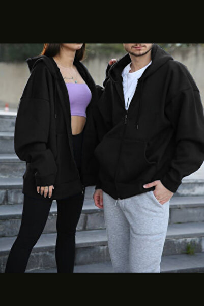 Genel Markalar Çiftlere Özel Unısex SİYAH (Tekli) Fermuarlı Couple Hırka