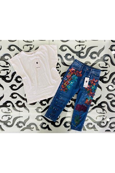 Hilal Akıncı Kids Дівчачий однотонний футболка з ручним розписом та сині джинси з еластаном, комплект з 2 предметів