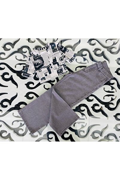 Hilal Akıncı Kids Set de 2 piese pentru fete, cu modele, cu corp crop, cu picioare late, pantaloni din denim gri