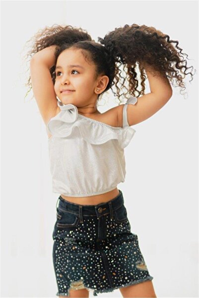 Hilal Akıncı Kids Bluză cu un singur umăr cu puncte argintii pentru fete, cu detaliu de piatră, fustă din denim Set dublu