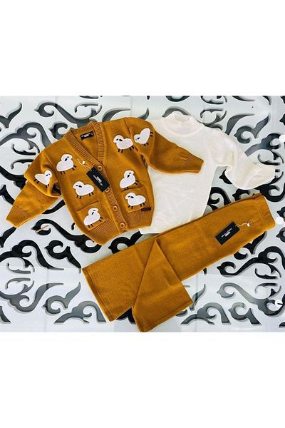 Hilal Akıncı Kids Girl's Lamb Embroidered Knitwear Cardigan Wide Leg Knitwear Trousers