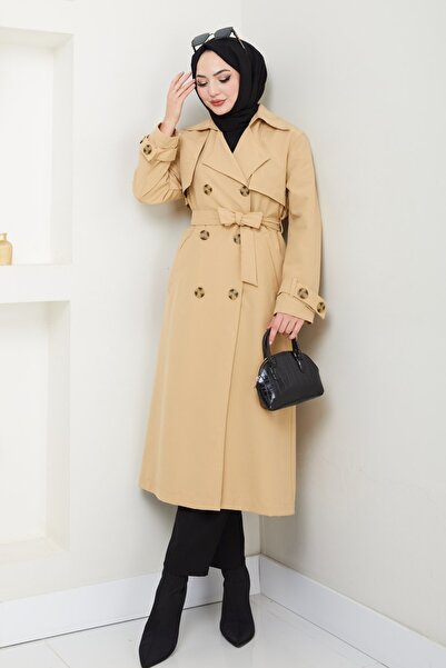 InStyle Lined Camel Trench Coat with Stone Buckle Detail