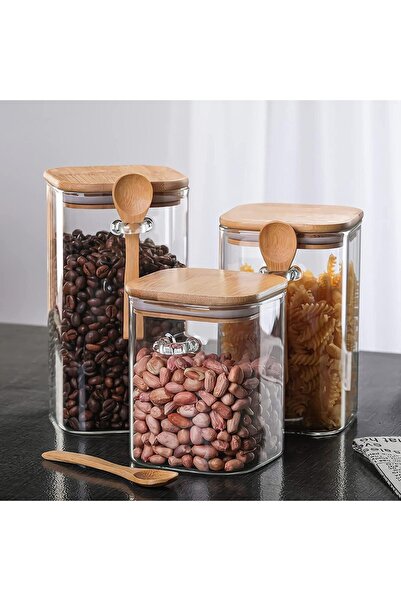 Blackstone Glass Jar Canister with Bamboo Lid Kitchen Air Tight Container Square with Spoon