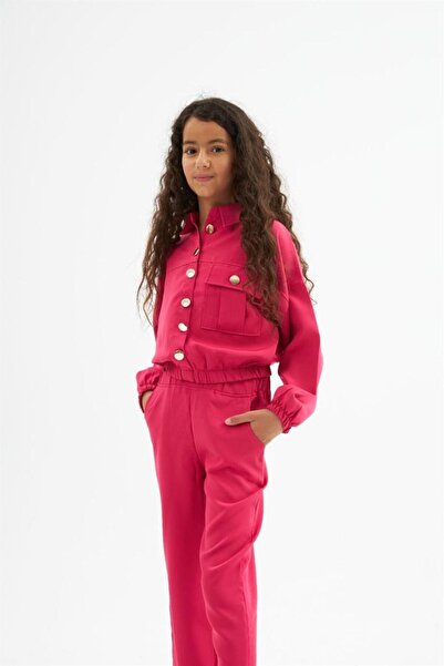 Hilal Akıncı Kids Κοριτσίστικο χρυσό κουμπί με λεπτομέρεια διπλό ύφασμα μακρυμάνικη μπλούζα και παντελόνι 2 τεμαχίων