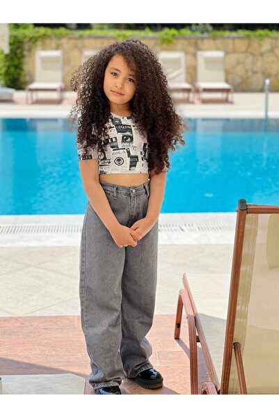 Hilal Akıncı Kids Kız Çocuk Desenli Crop Body Geniş Paça Gri Kot Pantolon 2'l...